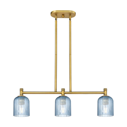 Innovations Crown Point 32in 3-Light Island | Industrial Brushed Brass and Princess Blue Glass | Kitchen Island & Dining | Model 434-3I-BB-G559-5BL