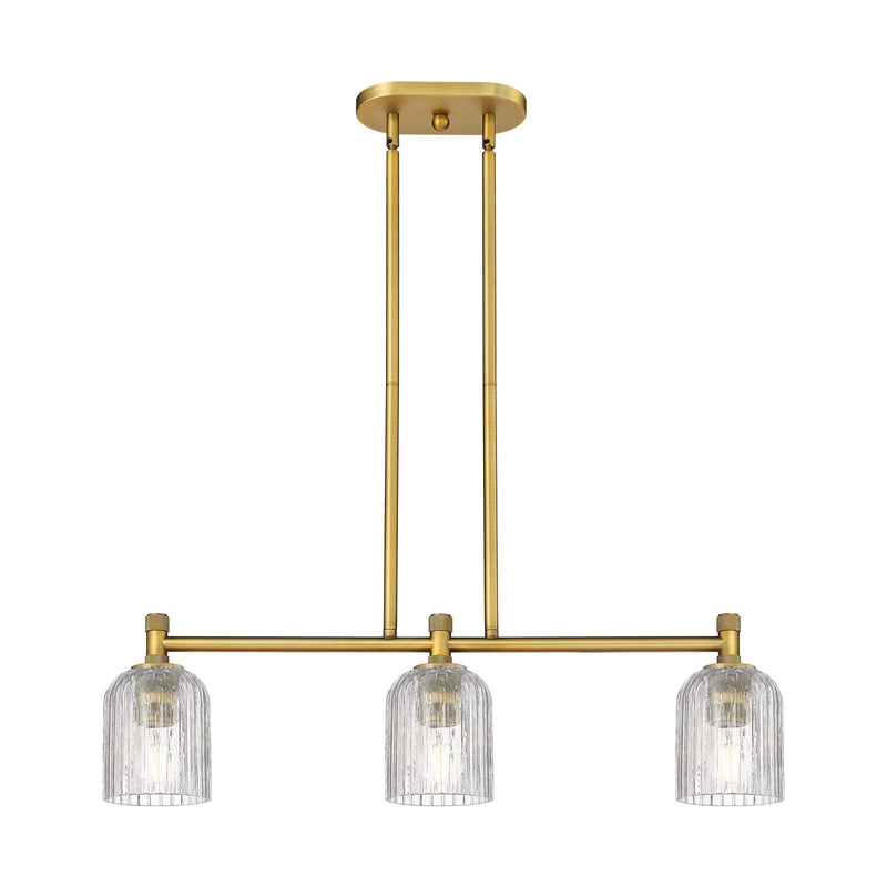 Innovations Crown Point 32in 3-Light Island | Industrial Brushed Brass and Clear Glass | Kitchen Island & Dining Room | Model 434-3I-BB-G559-5CL