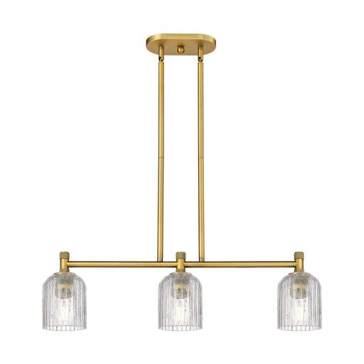 Innovations Crown Point 32in 3-Light Island | Industrial Brushed Brass and Clear Glass | Kitchen Island & Dining Room | Model 434-3I-BB-G559-5CL
