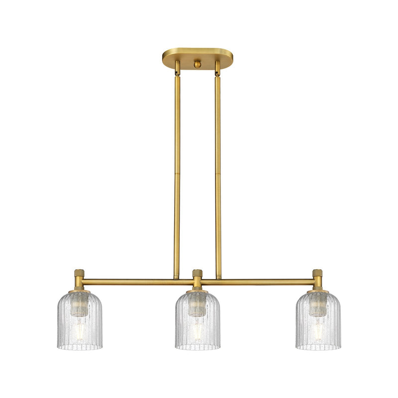 Innovations Crown Point 32in 3-Light Island | Industrial Brushed Brass and Seedy Glass | Kitchen Island & Dining Room | Model 434-3I-BB-G559-5SDY