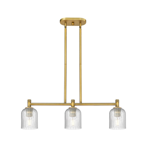 Innovations Crown Point 32in 3-Light Island | Industrial Brushed Brass and Seedy Glass | Kitchen Island & Dining Room | Model 434-3I-BB-G559-5SDY