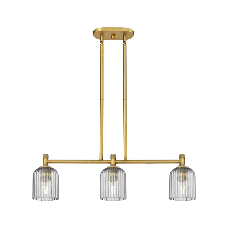 Innovations Crown Point 32in 3-Light Island | Industrial Brushed Brass and Light Smoke Glass | Kitchen Island & Dining | Model 434-3I-BB-G559-5SM
