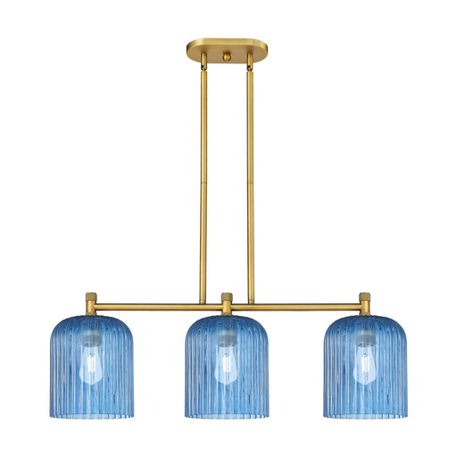 Innovations Crown Point 35in 3-Light Island Light | Industrial Brushed Brass and Princess Blue Glass | Kitchen Island | Model 434-3I-BB-G559-8BL