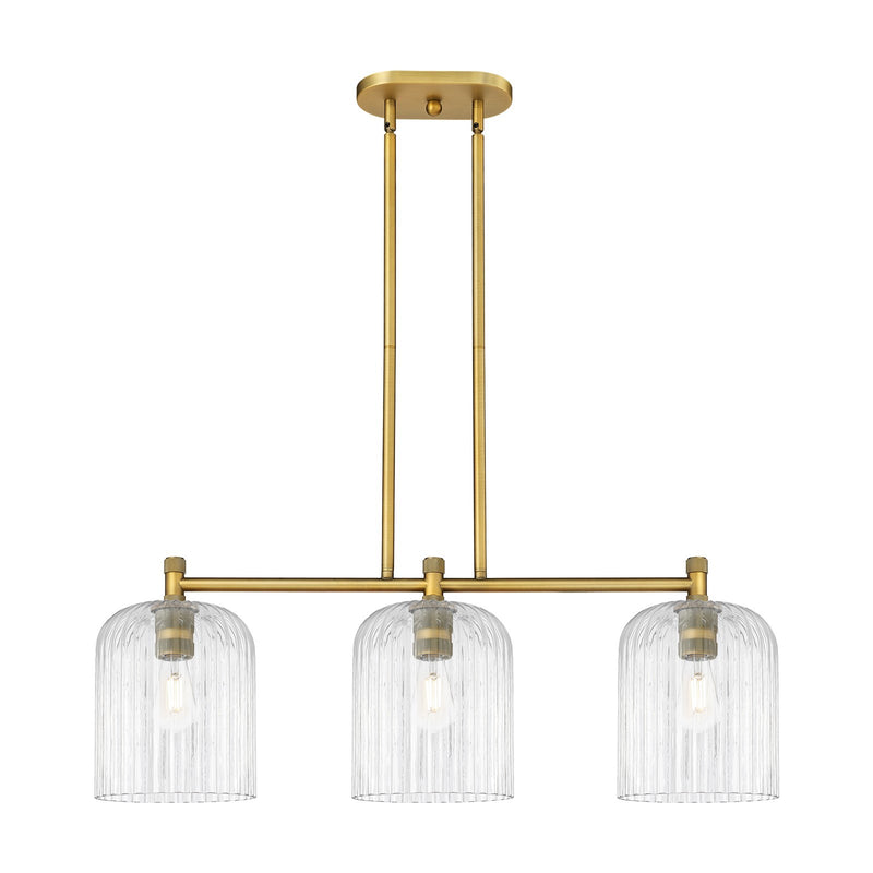 Innovations Crown Point 35in 3-Light Island Light | Industrial Brushed Brass and Clear Glass | Kitchen Island & Dining | Model 434-3I-BB-G559-8CL
