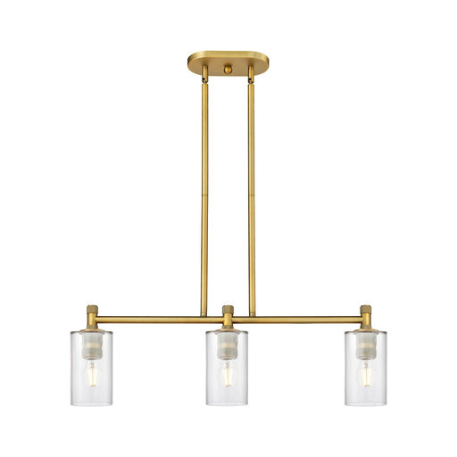 Innovations Clymer 31in 3-Light Island Light | Industrial Brushed Brass and Clear Glass | Kitchen Island & Dining Room | Model 434-3I-BB-G802