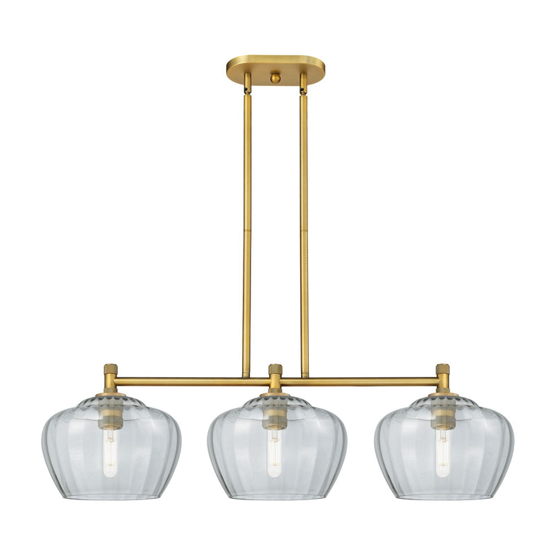 Innovations Fenton 38in 3-Light Island Light | Industrial Brushed Brass and Clear Glass | Kitchen Island & Dining Room | Model 434-3I-BB-G92-L