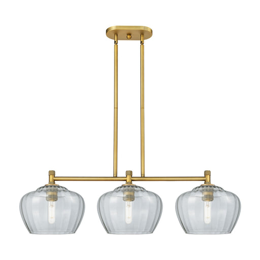 Innovations Fenton 38in 3-Light Island Light | Industrial Brushed Brass and Clear Glass | Kitchen Island & Dining Room | Model 434-3I-BB-G92-L