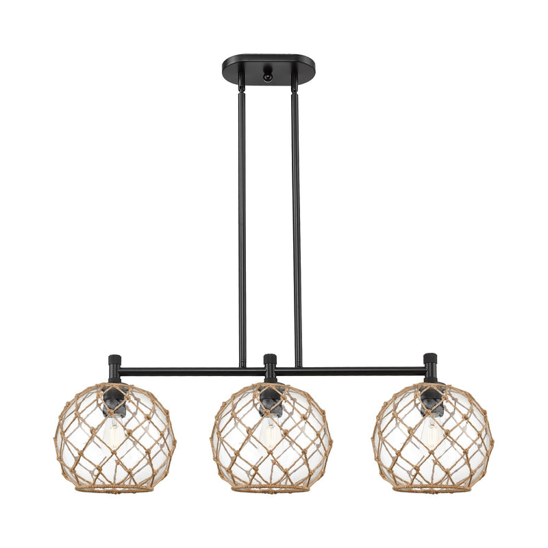 Innovations Farmhouse Rope 37in 3-Light Island Light | Industrial Matte Black and Clear Glass with Brown Rope | Kitchen | Model 434-3I-BK-G122-10RB