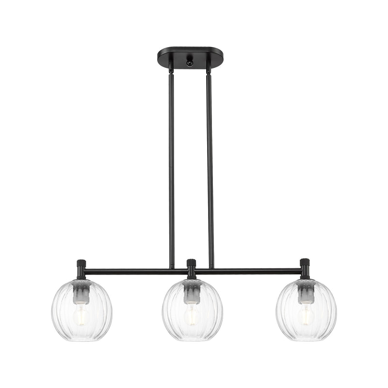 Innovations Preston Globe 34in 3-Light Island Light | Industrial Matte Black and Clear Glass | Kitchen Island & Dining | Model 434-3I-BK-G458-7CL