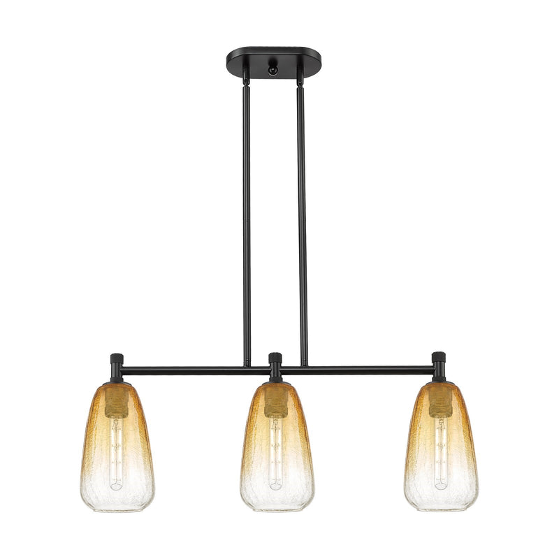 Innovations Brookhaven Almond 33in 3-Light Island Light | Industrial Matte Black and Amber Glass | Kitchen Island & Dining | Model 434-3I-BK-G480-6AM
