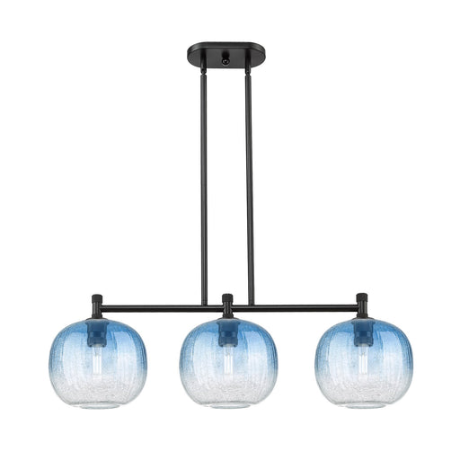 Innovations Brookhaven Sphere 37in 3-Light Island Pendant | Industrial Matte Black and Sapphire Blue Glass | Kitchen | Model 434-3I-BK-G481-10SB