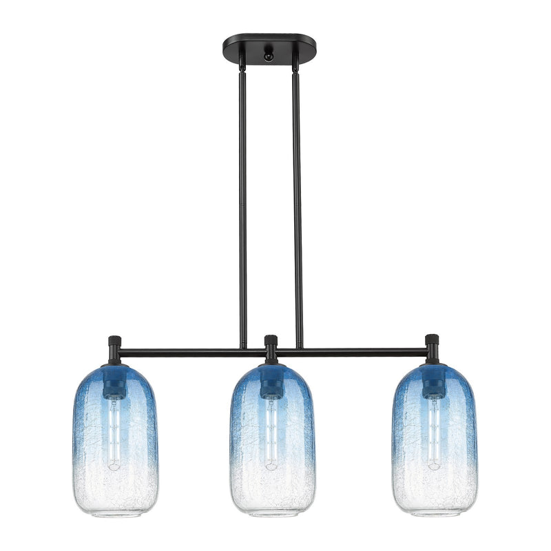 Innovations Brookhaven Cloche 34in 3-Light Island Pendant | Industrial Matte Black and Sapphire Blue Glass | Kitchen | Model 434-3I-BK-G482-7SB