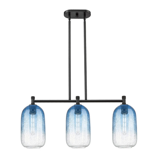 Innovations Brookhaven Cloche 34in 3-Light Island Pendant | Industrial Matte Black and Sapphire Blue Glass | Kitchen | Model 434-3I-BK-G482-7SB