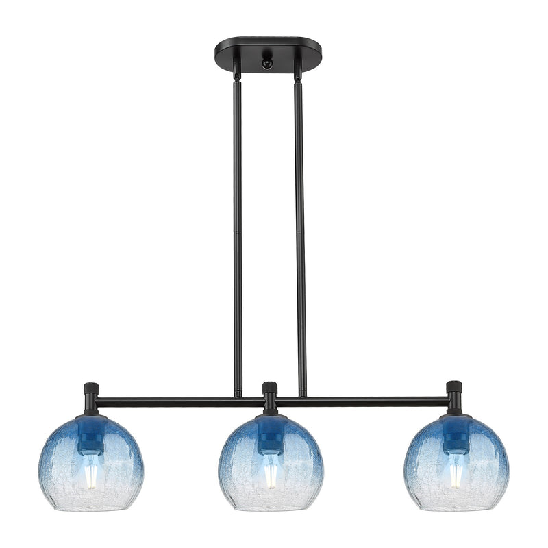 Innovations Brookhaven Globe 35in 3-Light Island Pendant | Industrial Matte Black and Sapphire Blue Glass | Kitchen Island | Model 434-3I-BK-G483-8SB