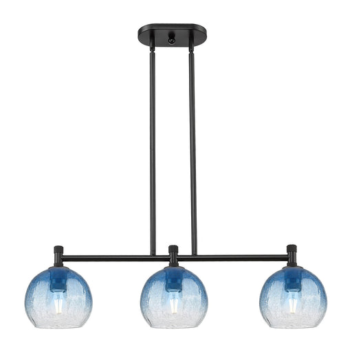 Innovations Brookhaven Globe 35in 3-Light Island Pendant | Industrial Matte Black and Sapphire Blue Glass | Kitchen Island | Model 434-3I-BK-G483-8SB