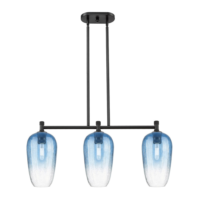 Innovations Brookhaven Flute 34in 3-Light Island Light | Industrial Matte Black and Sapphire Blue Glass | Kitchen Island | Model 434-3I-BK-G484-7SB