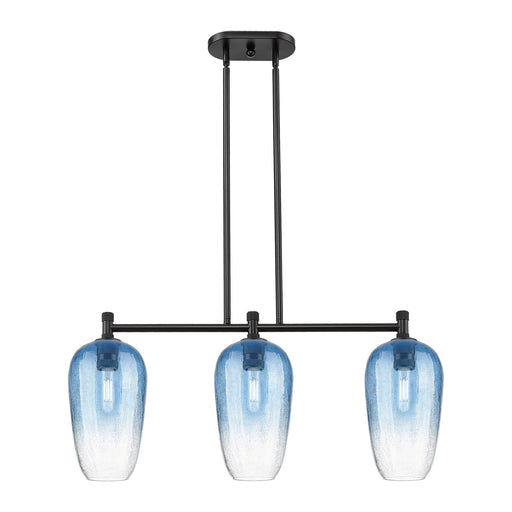 Innovations Brookhaven Flute 34in 3-Light Island Light | Industrial Matte Black and Sapphire Blue Glass | Kitchen Island | Model 434-3I-BK-G484-7SB