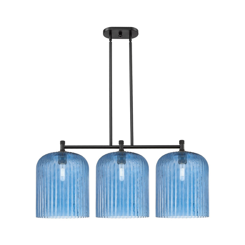 Innovations Crown Point 39in 3-Light Island Light | Industrial Matte Black and Princess Blue Glass | Kitchen Island | Model 434-3I-BK-G559-12BL