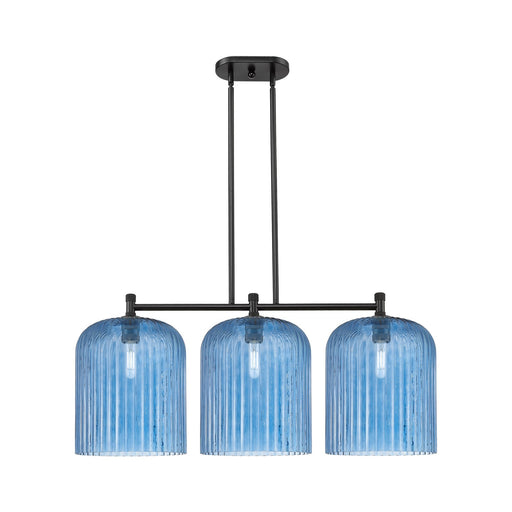 Innovations Crown Point 39in 3-Light Island Light | Industrial Matte Black and Princess Blue Glass | Kitchen Island | Model 434-3I-BK-G559-12BL