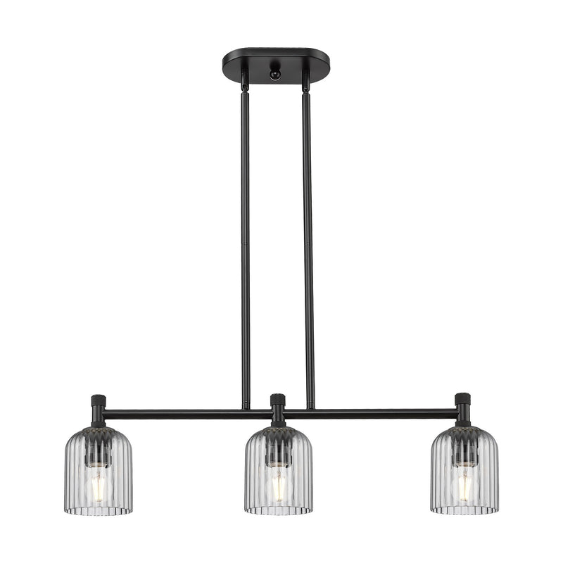 Innovations Crown Point 32in 3-Light Island Light | Industrial Matte Black and Light Smoke Glass | Kitchen Island & Dining | Model 434-3I-BK-G559-5SM