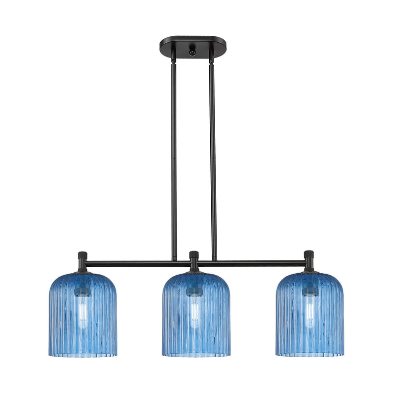 Innovations Crown Point 35in 3-Light Island Light | Industrial Matte Black and Princess Blue Glass | Kitchen Island | Model 434-3I-BK-G559-8BL