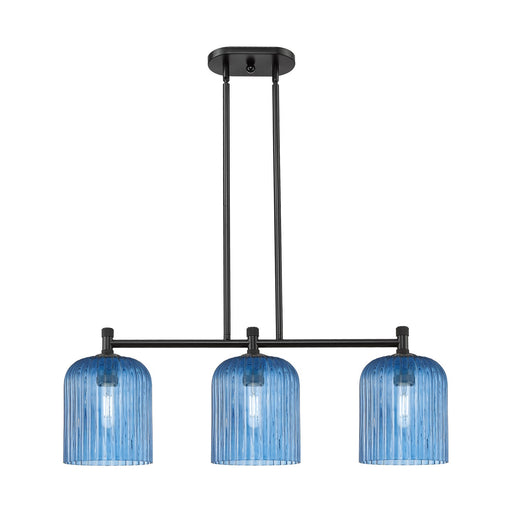 Innovations Crown Point 35in 3-Light Island Light | Industrial Matte Black and Princess Blue Glass | Kitchen Island | Model 434-3I-BK-G559-8BL