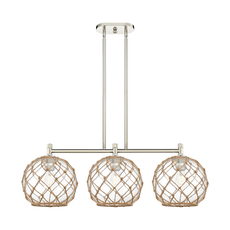 Innovations Farmhouse Rope 37in 3-Light Island Light | Industrial Polished Nickel and Clear Glass Brown Rope | Kitchen | Model 434-3I-PN-G122-10RB