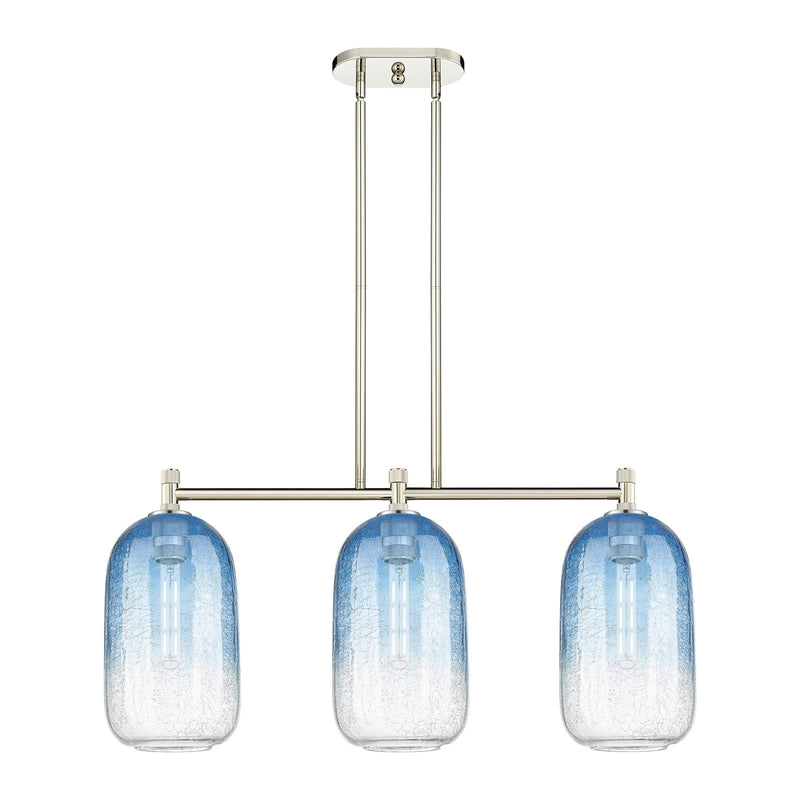 Innovations Brookhaven Cloche 34in 3-Light Island Light | Industrial Polished Nickel and Sapphire Blue Glass | Kitchen | Model 434-3I-PN-G482-7SB