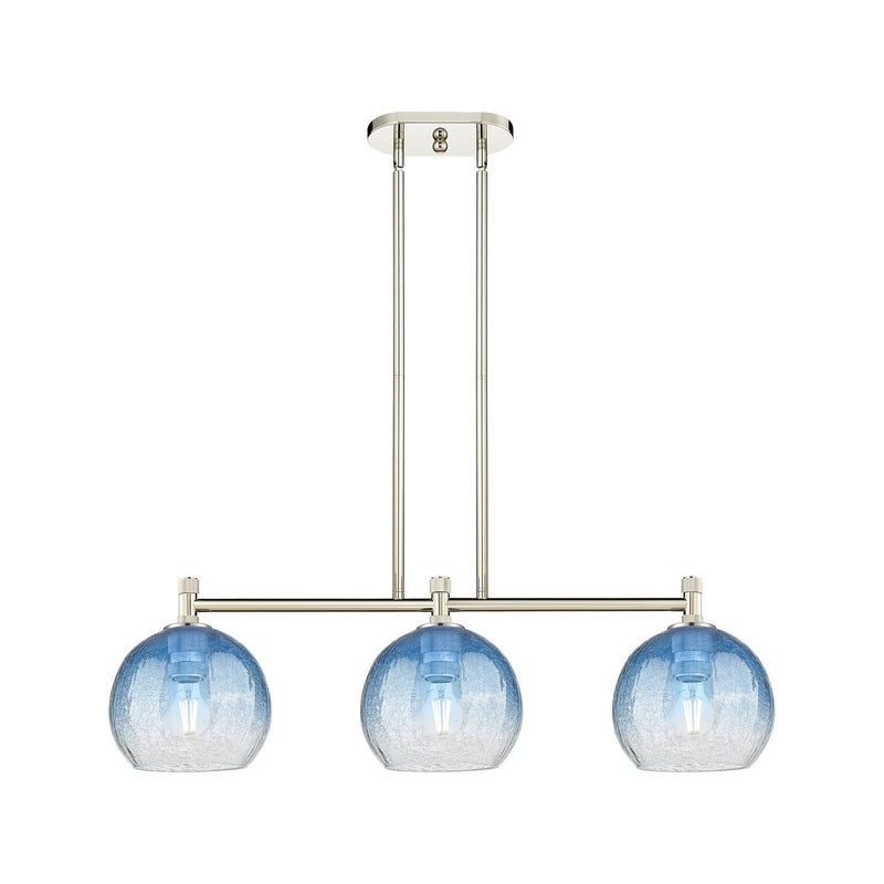 Innovations Brookhaven Globe 35in 3-Light Island Light | Industrial Polished Nickel and Sapphire Blue Glass | Kitchen | Model 434-3I-PN-G483-8SB