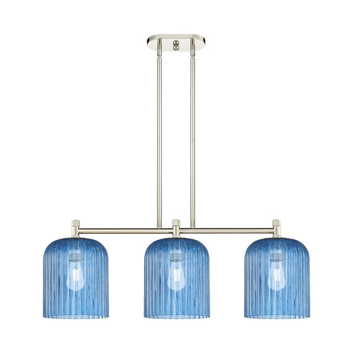 Innovations Crown Point 35in 3-Light Island Light | Industrial Polished Nickel and Princess Blue Glass | Kitchen Island | Model 434-3I-PN-G559-8BL