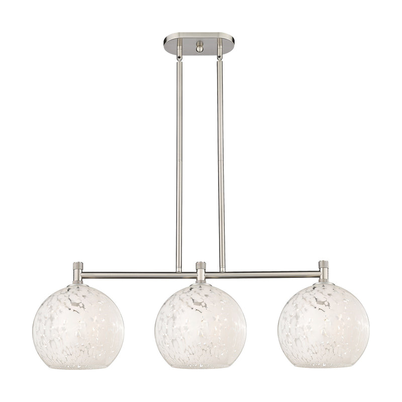 Innovations White Mouchette 37in 3-Light Island Light | Industrial Satin Nickel and White Glass | Kitchen Island | Model 434-3I-SN-G1216-10WM
