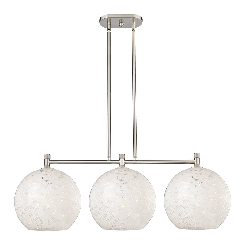 Innovations White Mouchette 39in 3-Light Island Light | Industrial Satin Nickel and White Glass | Kitchen Island | Model 434-3I-SN-G1216-12WM