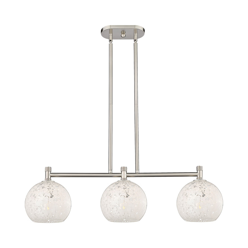 Innovations White Mouchette 35in 3-Light Island Light | Industrial Satin Nickel and White Glass | Kitchen Island & Dining | Model 434-3I-SN-G1216-8WM