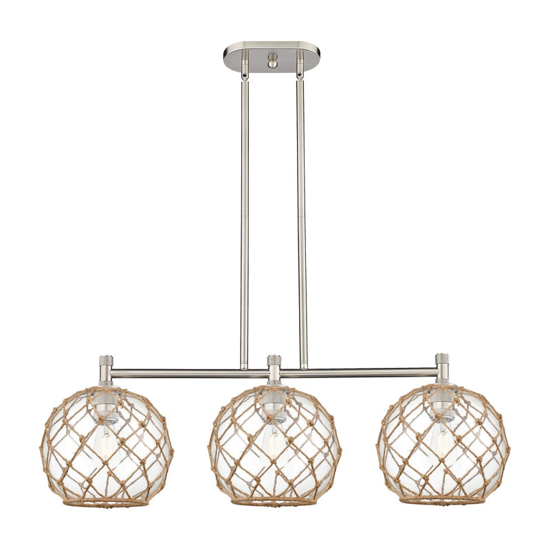 Innovations Farmhouse Rope 37in 3-Light Island Light | Industrial Satin Nickel and Clear Glass Brown Rope | Kitchen | Model 434-3I-SN-G122-10RB