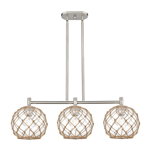 Innovations Farmhouse Rope 37in 3-Light Island Light | Industrial Satin Nickel and Clear Glass Brown Rope | Kitchen | Model 434-3I-SN-G122-10RB