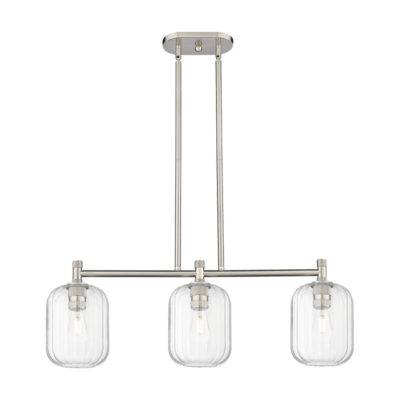 Innovations Preston Cylinder 33in 3-Light Island Light | Industrial Satin Nickel and Clear Glass | Kitchen Island & Dining | Model 434-3I-SN-G460-7CL