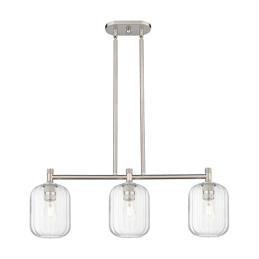 Innovations Preston Cylinder 33in 3-Light Island Light | Industrial Satin Nickel and Clear Glass | Kitchen Island & Dining | Model 434-3I-SN-G460-7CL