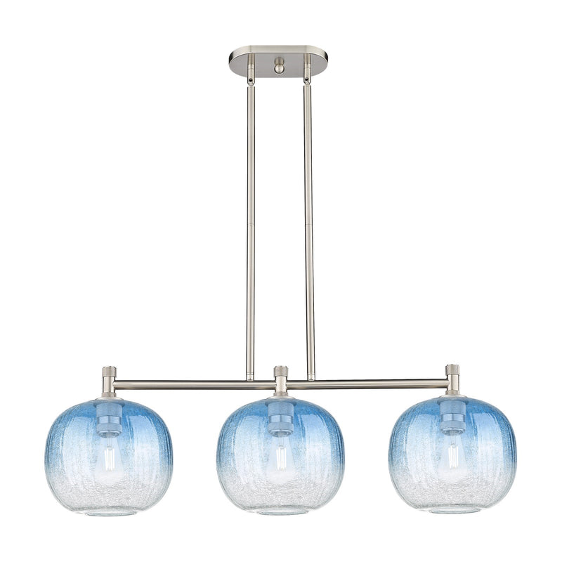 Innovations Brookhaven Sphere 37in 3-Light Island Light | Industrial Satin Nickel and Sapphire Blue Glass | Kitchen | Model 434-3I-SN-G481-10SB