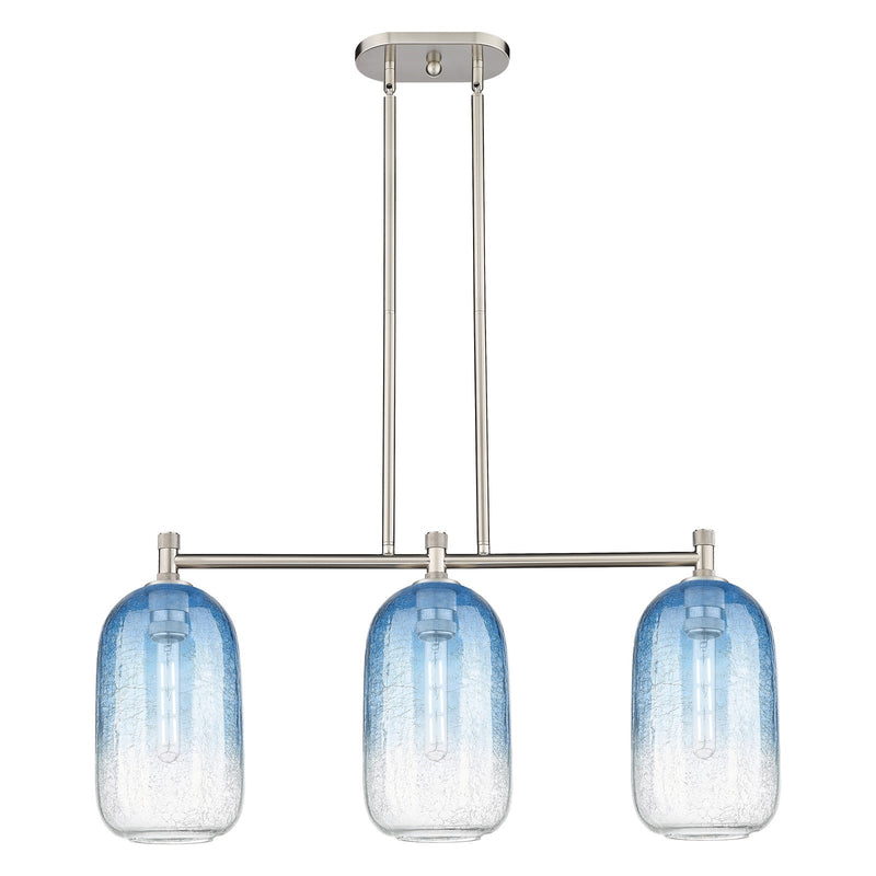 Innovations Brookhaven Cloche 34in 3-Light Island Light | Industrial Satin Nickel and Sapphire Blue Glass | Kitchen Island | Model 434-3I-SN-G482-7SB