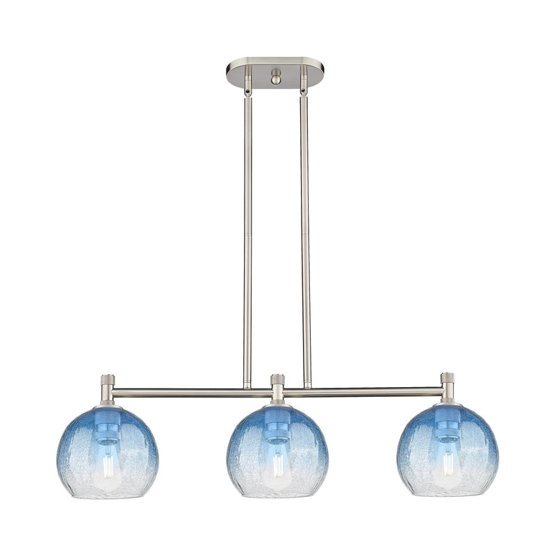 Innovations Brookhaven Globe 35in 3-Light Island Light | Industrial Satin Nickel and Sapphire Blue Glass | Kitchen Island | Model 434-3I-SN-G483-8SB