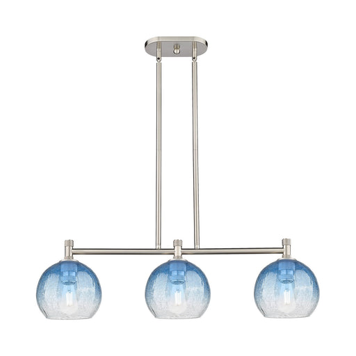 Innovations Brookhaven Globe 35in 3-Light Island Light | Industrial Satin Nickel and Sapphire Blue Glass | Kitchen Island | Model 434-3I-SN-G483-8SB