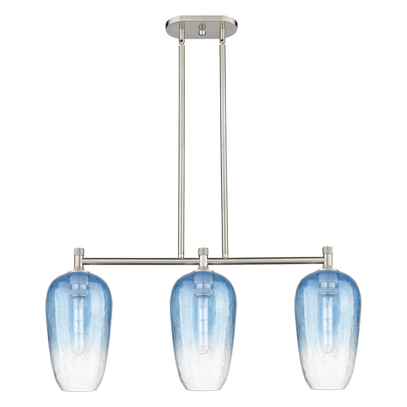 Innovations Brookhaven Flute 34in 3-Light Island Light | Industrial Satin Nickel and Sapphire Blue Glass | Kitchen Island | Model 434-3I-SN-G484-7SB
