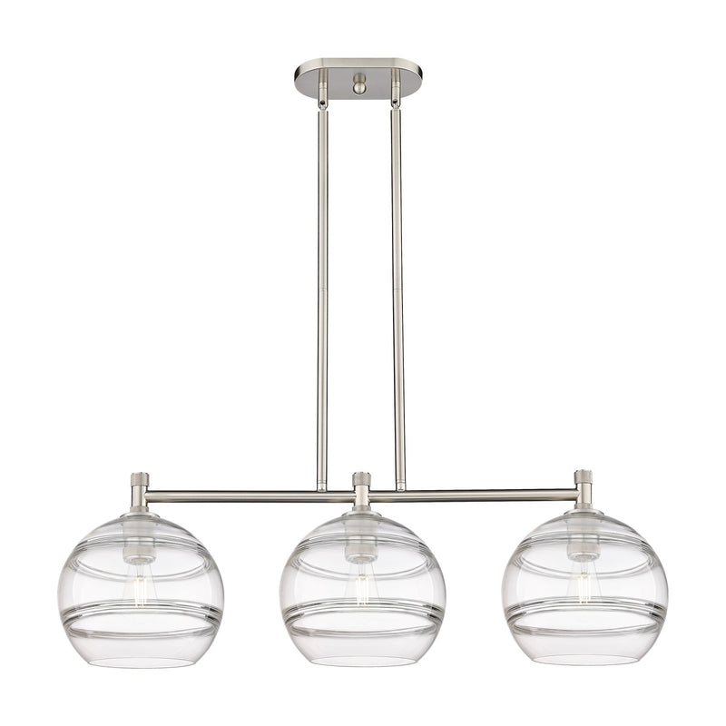 Innovations Rochester 37in 3-Light Island Light | Industrial Satin Nickel and Clear Glass | Kitchen Island & Dining Room | Model 434-3I-SN-G556-10CL