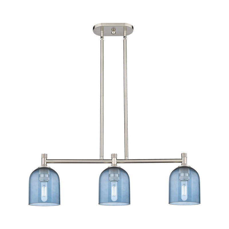 Innovations Bella 32in 3-Light Island Light | Industrial Satin Nickel and Blue Glass | Kitchen Island & Dining Room | Model 434-3I-SN-G558-6BL