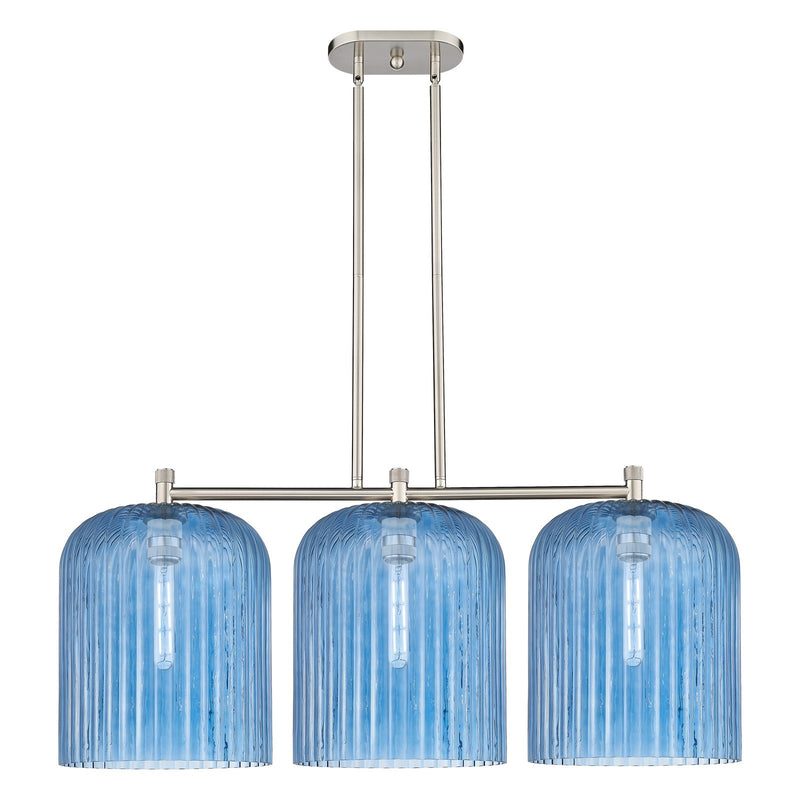 Innovations Crown Point 39in 3-Light Island Light | Industrial Satin Nickel and Princess Blue Glass | Kitchen Island | Model 434-3I-SN-G559-12BL