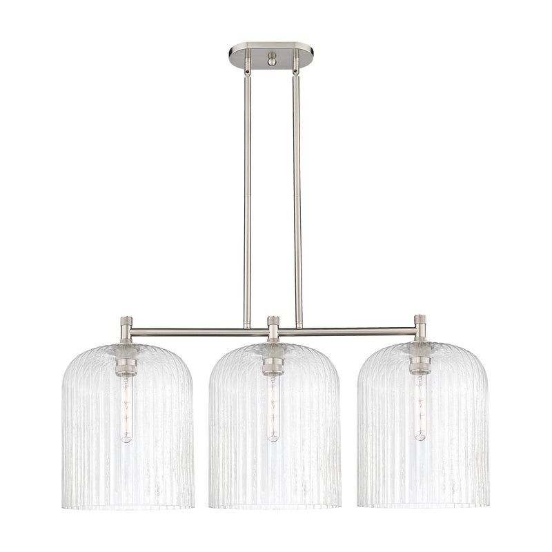 Innovations Crown Point 39in 3-Light Island | Industrial Satin Nickel and Seedy Glass | Kitchen Island & Dining Room | Model 434-3I-SN-G559-12SDY