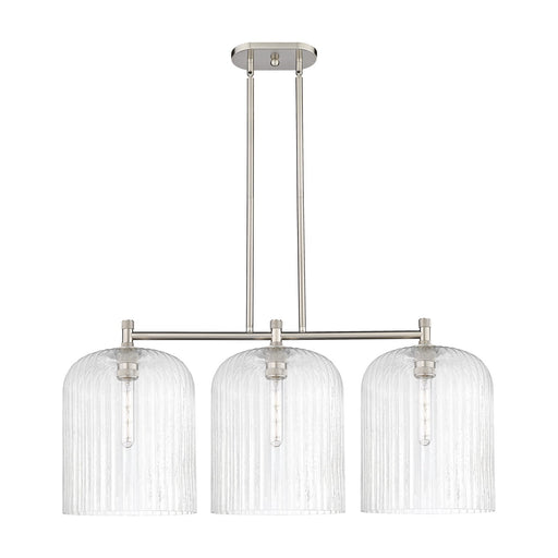 Innovations Crown Point 39in 3-Light Island | Industrial Satin Nickel and Seedy Glass | Kitchen Island & Dining Room | Model 434-3I-SN-G559-12SDY