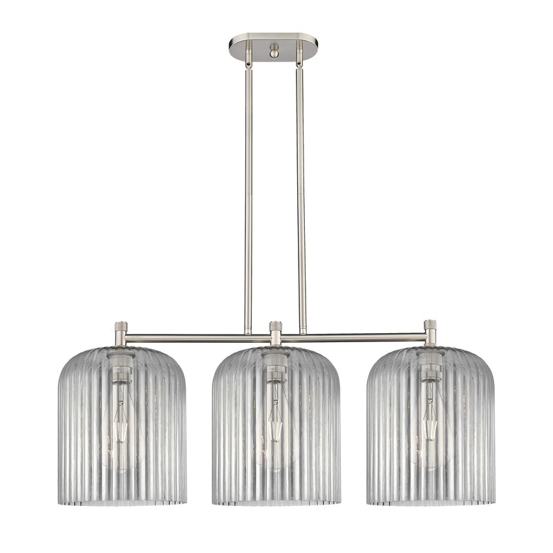 Innovations Crown Point 39in 3-Light Island | Industrial Satin Nickel and Light Smoke Glass | Kitchen Island & Dining | Model 434-3I-SN-G559-12SM