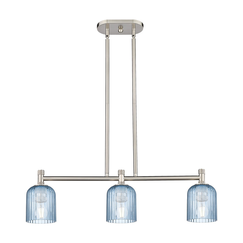 Innovations Crown Point 32in 3-Light Island | Industrial Satin Nickel and Princess Blue Glass | Kitchen Island & Dining | Model 434-3I-SN-G559-5BL