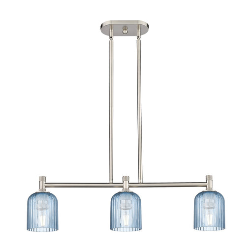 Innovations Crown Point 32in 3-Light Island | Industrial Satin Nickel and Princess Blue Glass | Kitchen Island & Dining | Model 434-3I-SN-G559-5BL